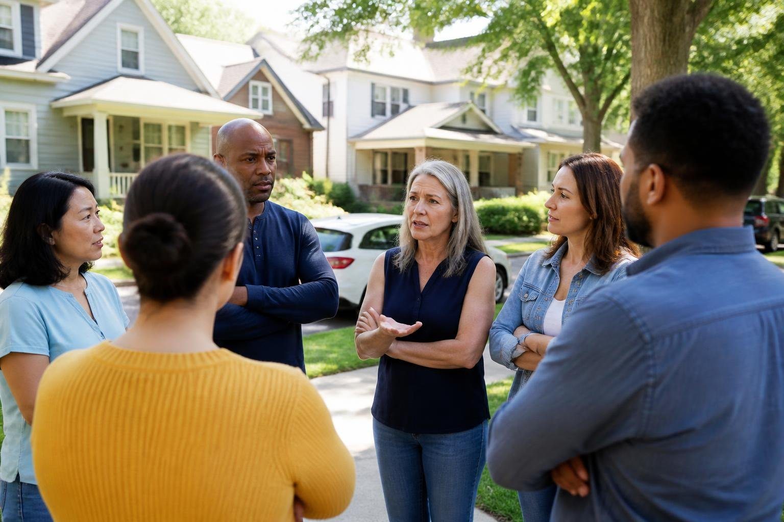 Grupo de vizinhos conversando em uma rua residencial durante o dia, demonstrando preocupação com barulho na vizinhança.