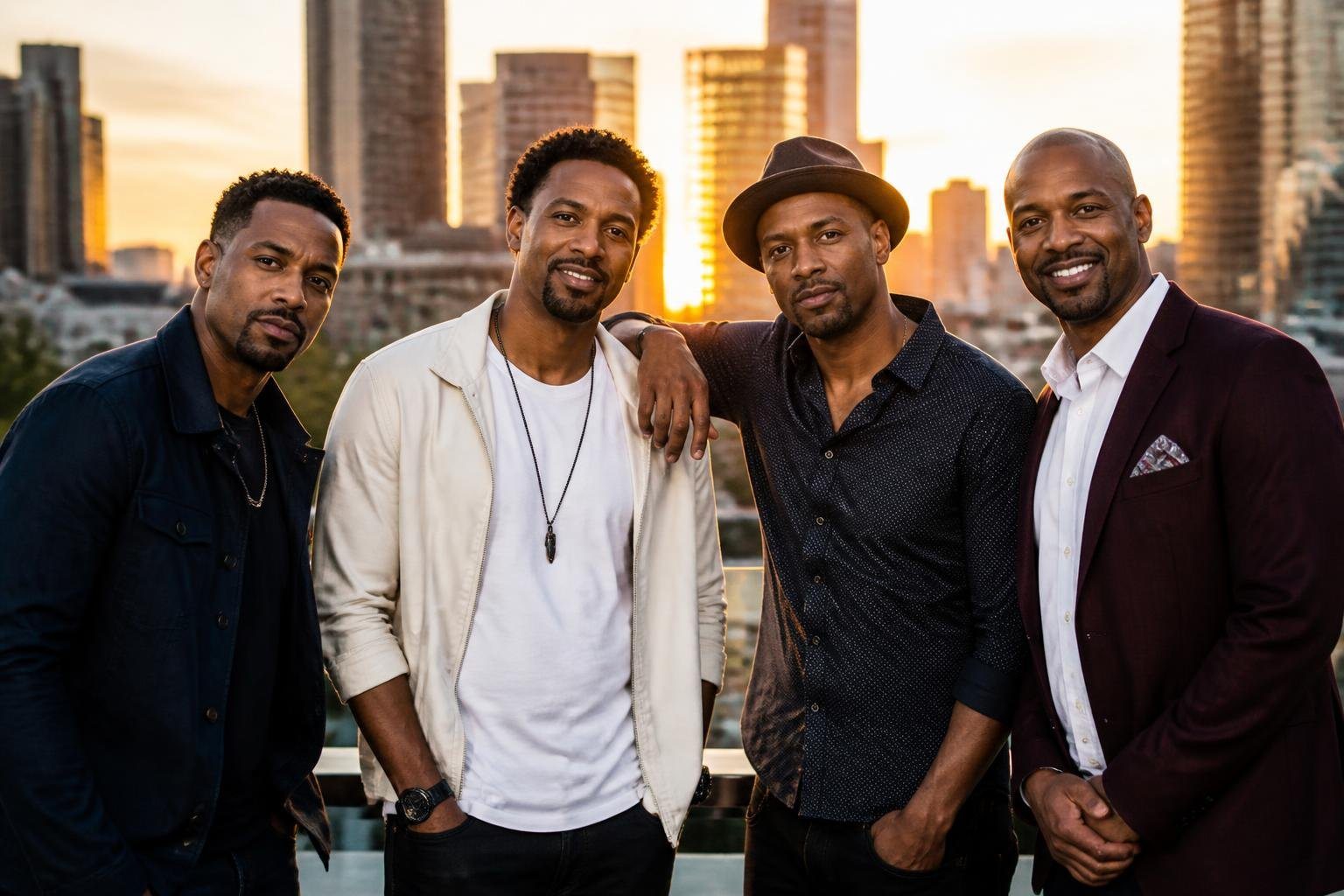 Quatro homens afro-americanos sorrindo juntos em um cenário urbano moderno, transmitindo amizade e trabalho em equipe.