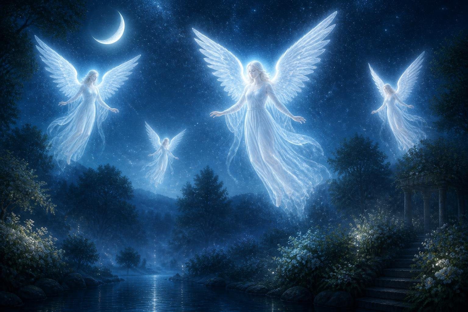 Anjos luminosos flutuando sobre uma paisagem noturna tranquila com céu estrelado e lua crescente.