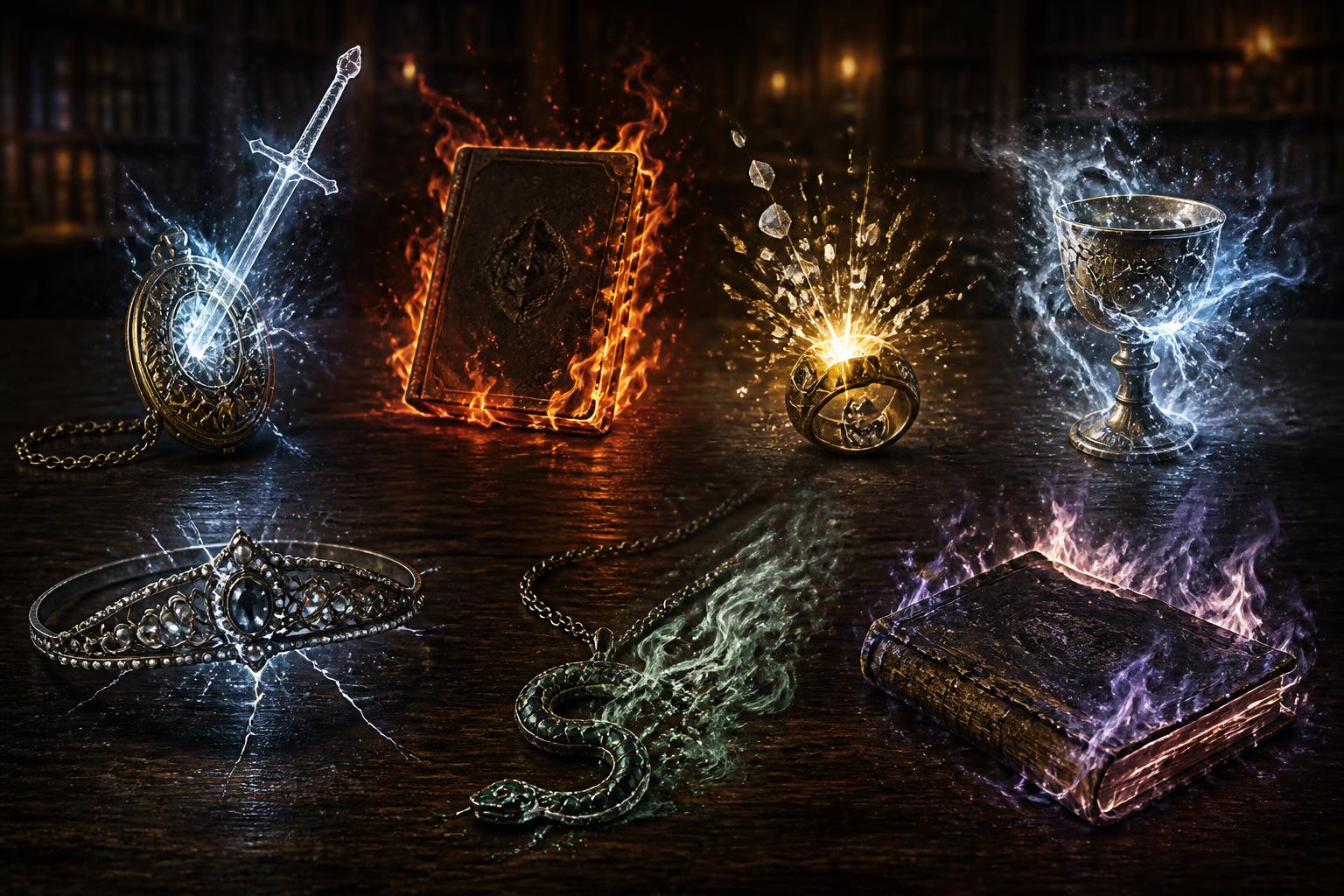 Sete objetos mágicos sobre uma mesa escura, cada um com efeitos visuais que mostram como foram destruídos, em um ambiente de biblioteca antiga e misteriosa.