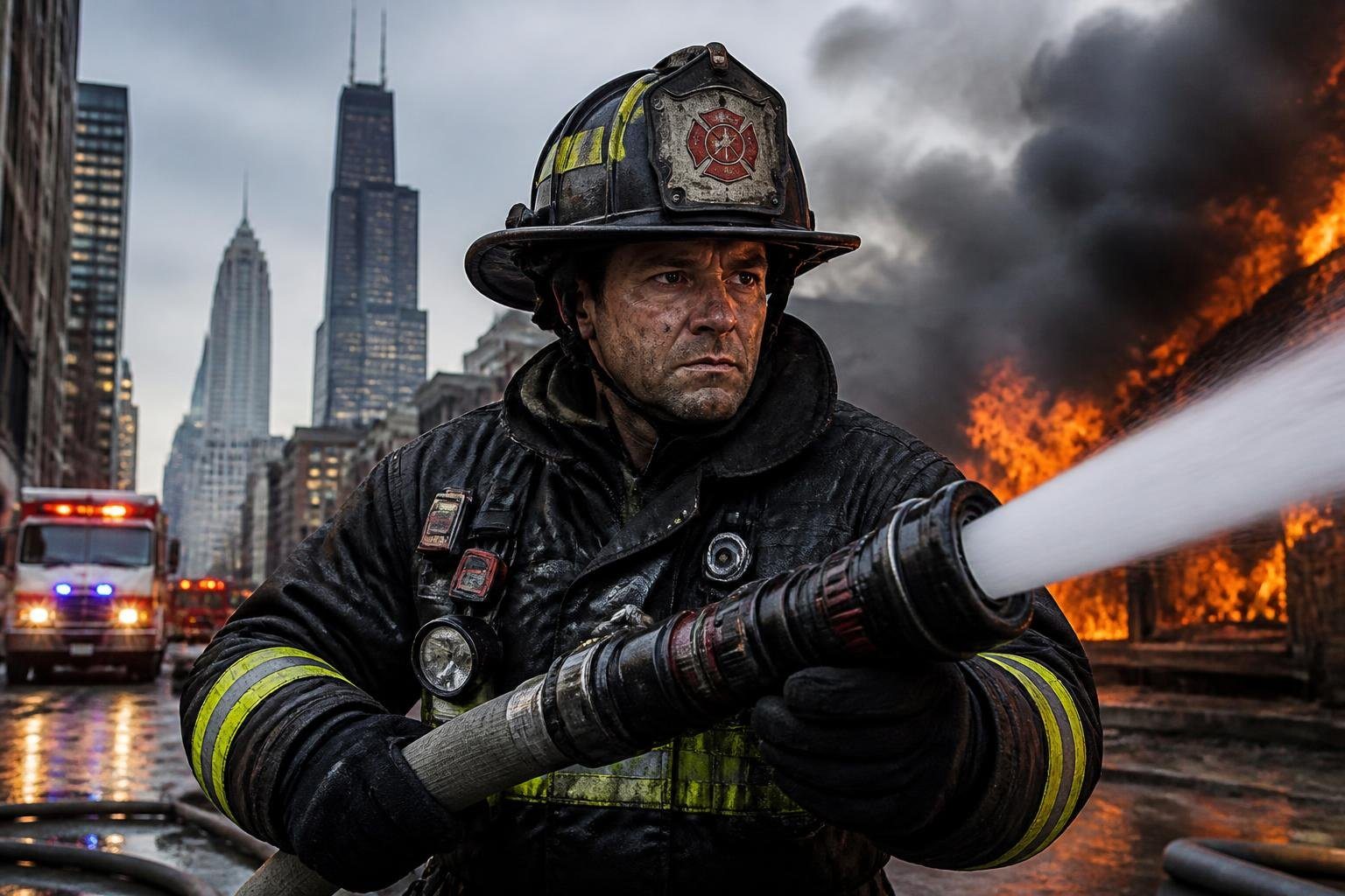 Bombeiro em equipamento completo combatendo fogo em uma rua de Chicago com prédios e veículos de emergência ao fundo.