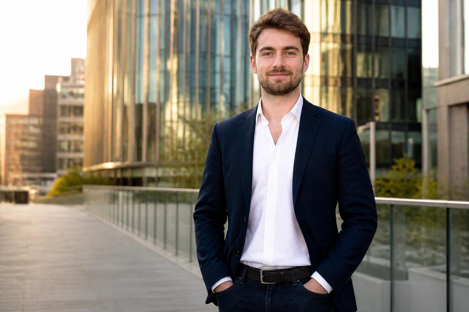 Homem jovem vestido de forma casual elegante em ambiente urbano moderno, com prédios ao fundo e luz natural suave.