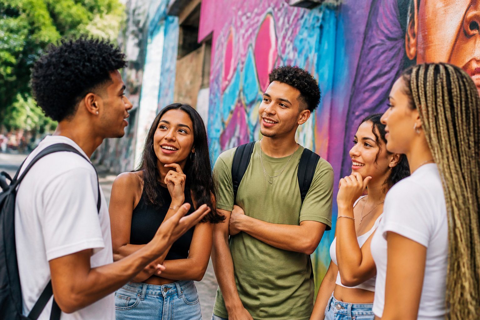 Grupo de jovens brasileiros conversando animadamente em uma área urbana com grafites ao fundo.