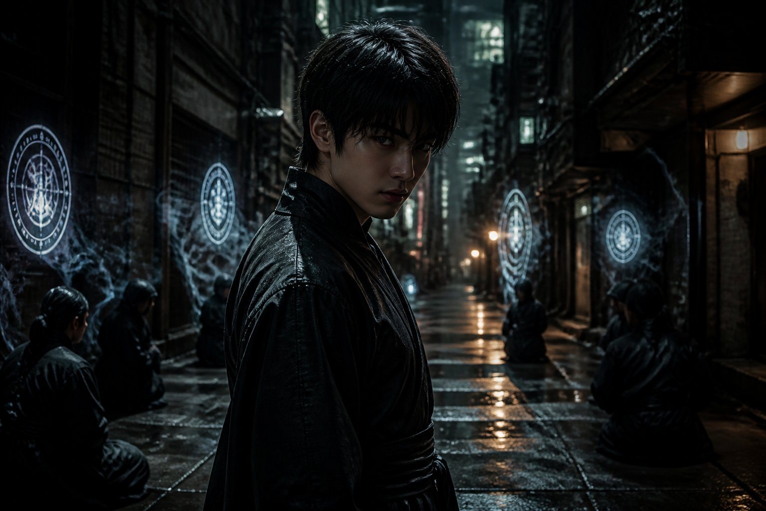 Um jovem homem de cabelo escuro em um beco urbano à noite, com luzes neon suaves refletindo no chão molhado, transmitindo uma atmosfera misteriosa e intensa.
