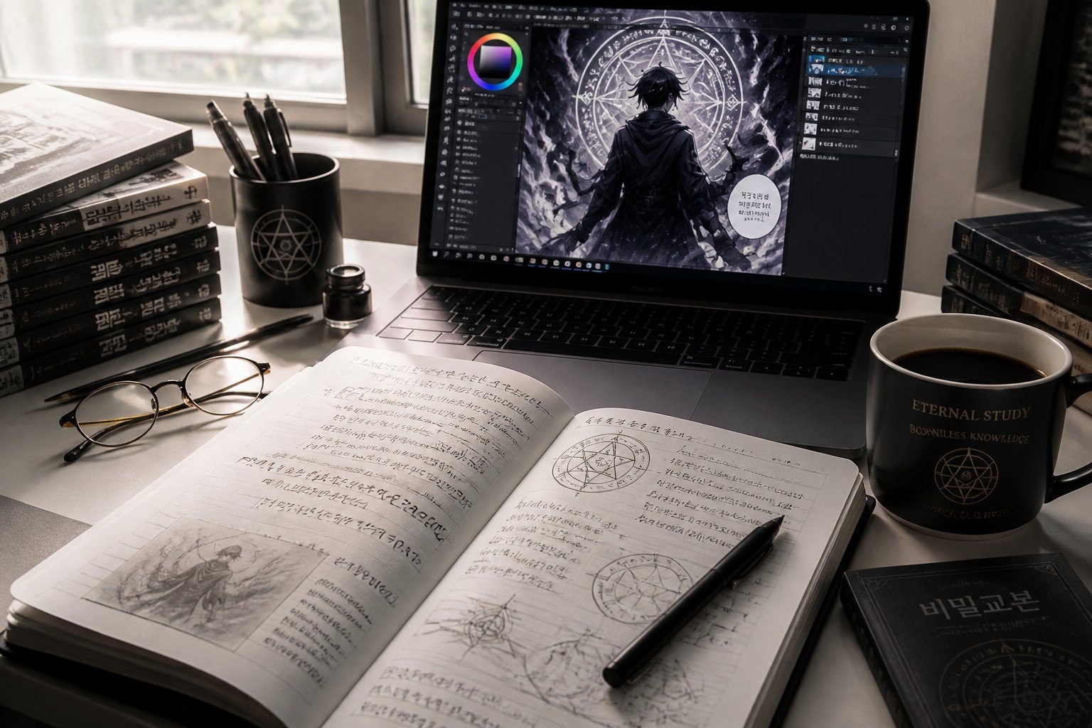 Mesa organizada com notebook aberto, laptop mostrando ilustração digital, café e livros empilhados, em um ambiente iluminado por luz natural.