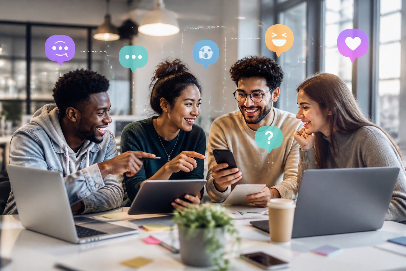 Grupo de jovens discutindo e interagindo com dispositivos digitais em um ambiente de trabalho moderno e iluminado.