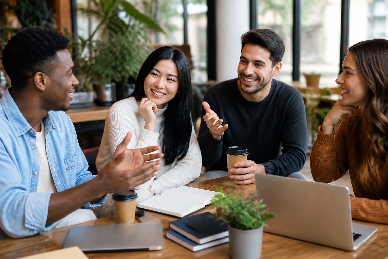 Grupo diverso de jovens conversando animadamente em um ambiente moderno e acolhedor, demonstrando interação amigável e respeito.