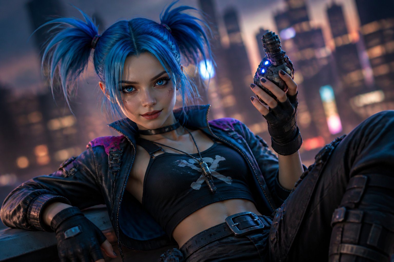 Jovem mulher com cabelo azul vibrante em rabo de cavalo, vestindo roupa futurista e posando confiante em uma cidade urbana ao entardecer.