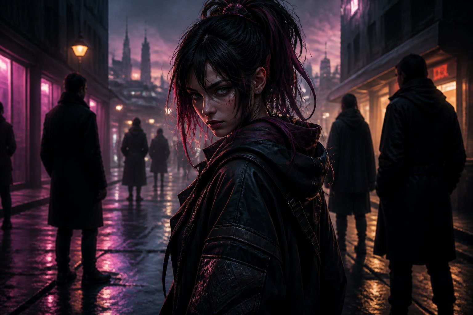 Cena intensa com uma jovem personagem feminina em pose determinada, em um ambiente urbano ao anoitecer com luzes neon ao fundo.