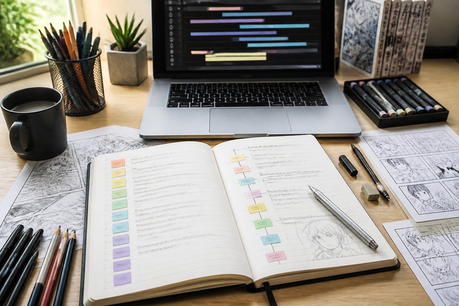 Mesa organizada com caderno aberto, esboços de mangá e laptop mostrando planejamento de capítulos, representando o processo de criação de uma história em quadrinhos.