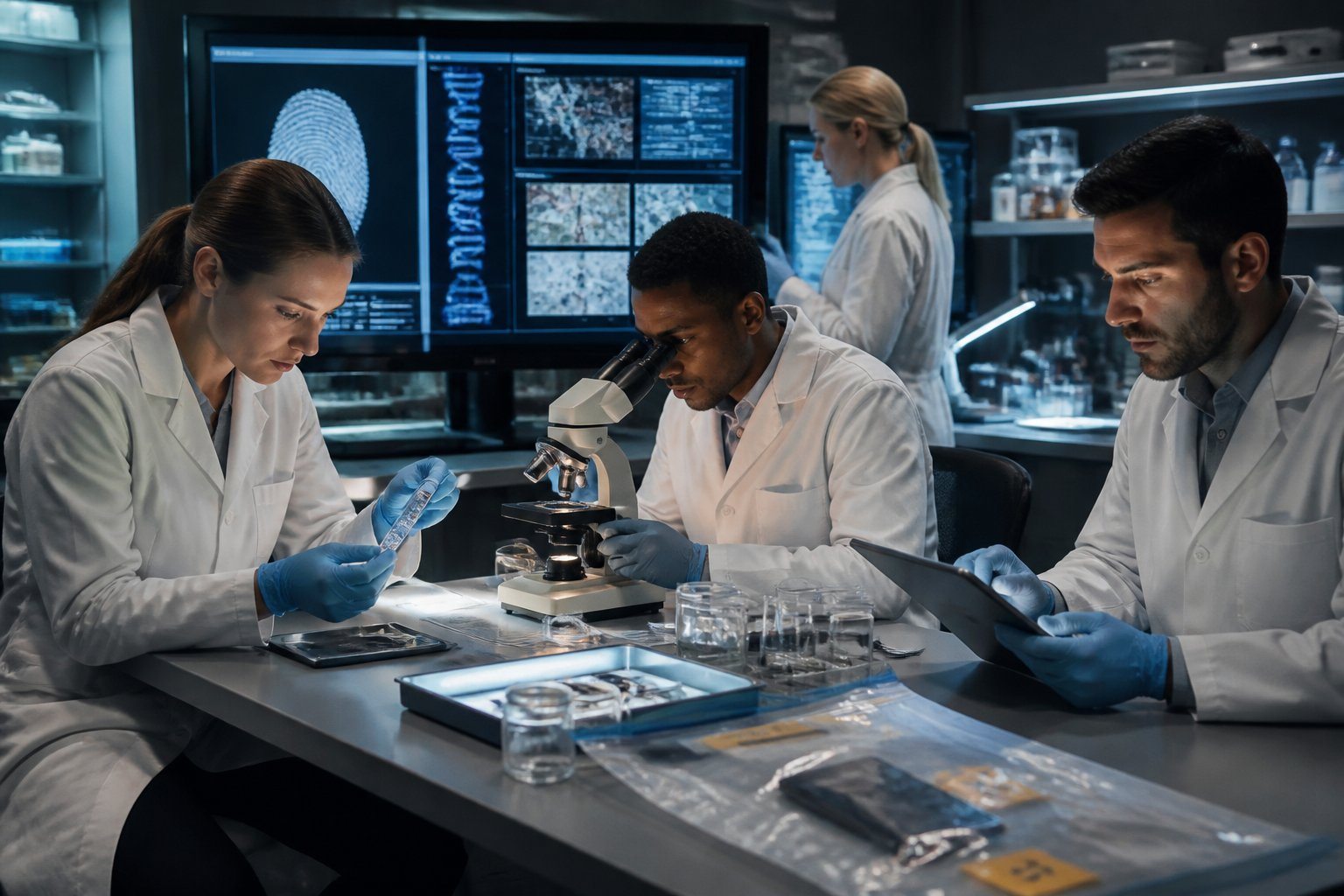 Equipe de peritos forenses trabalhando em um laboratório moderno de investigação criminal, analisando evidências com equipamentos científicos avançados.