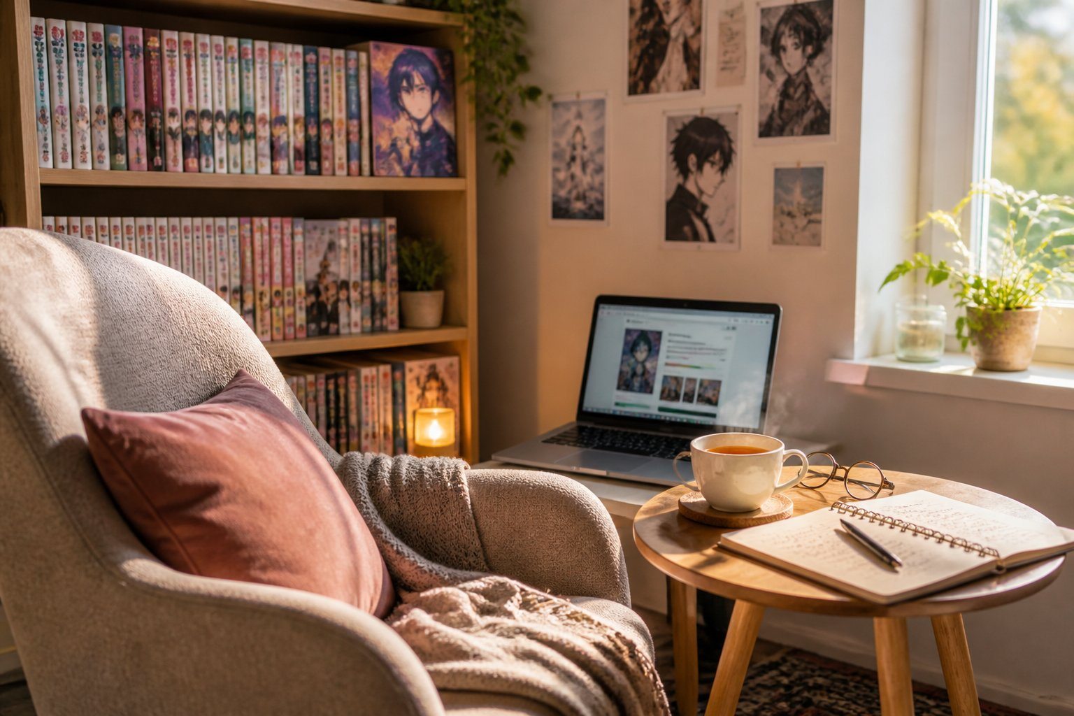 Um canto de leitura aconchegante com uma poltrona, estante com mangás, uma mesa com chá e um laptop, transmitindo uma atmosfera de apoio ao autor.