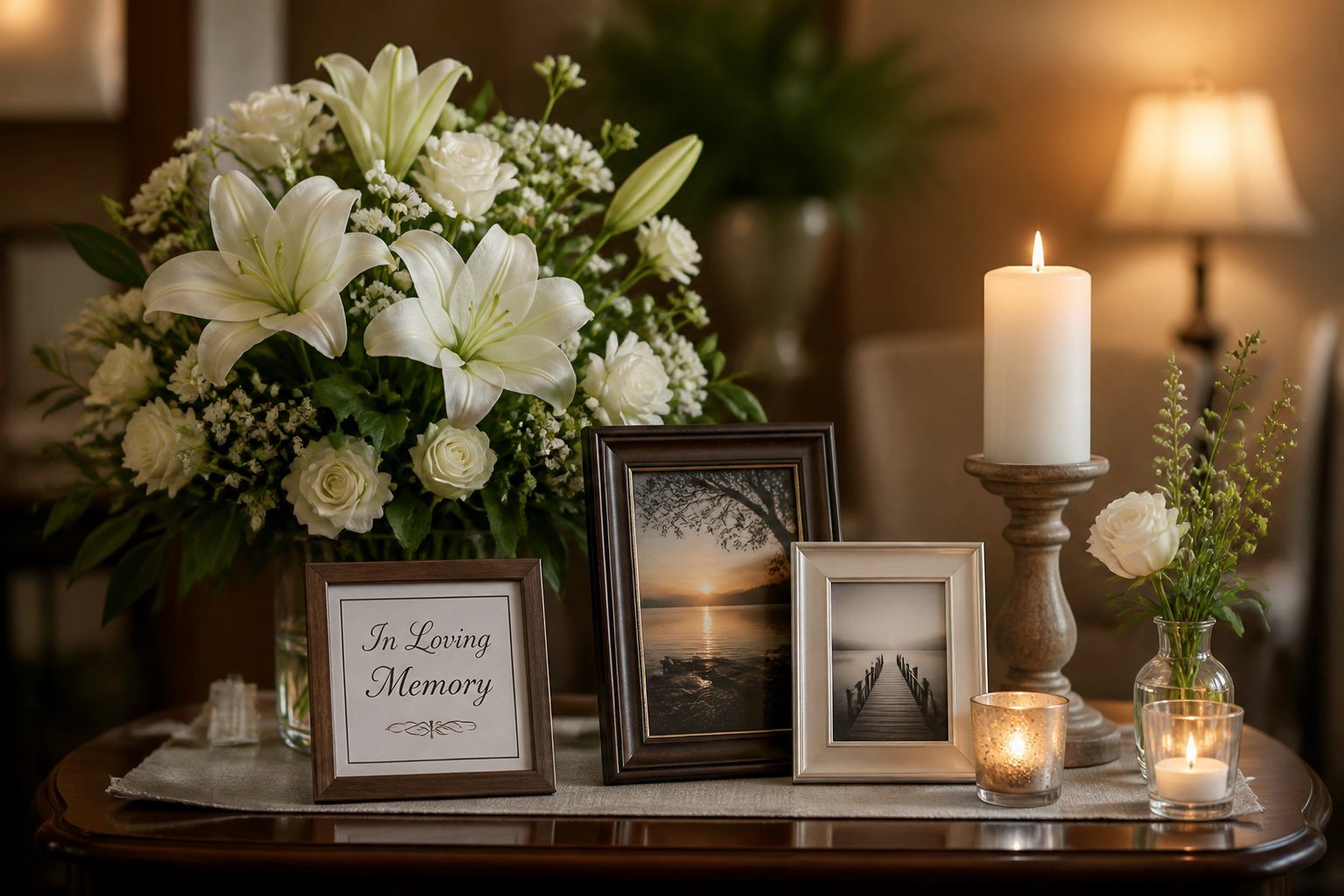 Arranjo memorial com flores, velas acesas e fotografias em uma mesa de madeira em um ambiente tranquilo e acolhedor.