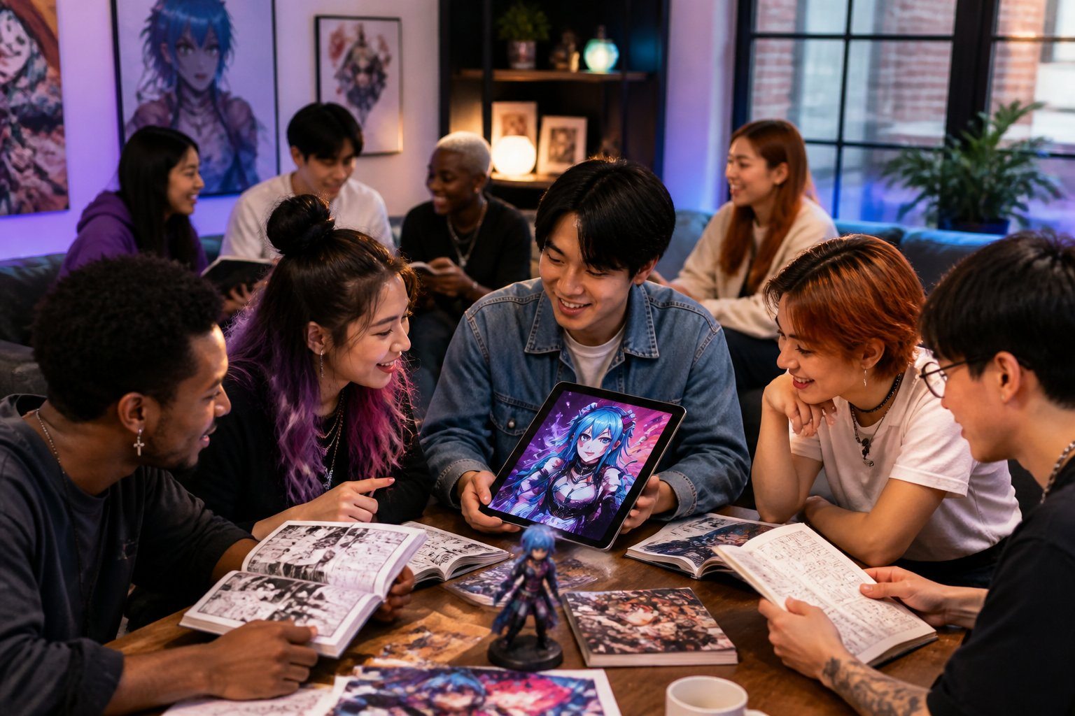 Grupo diversificado de jovens interagindo em um espaço comunitário moderno, lendo e discutindo mangá inspirado na personagem Jinx.