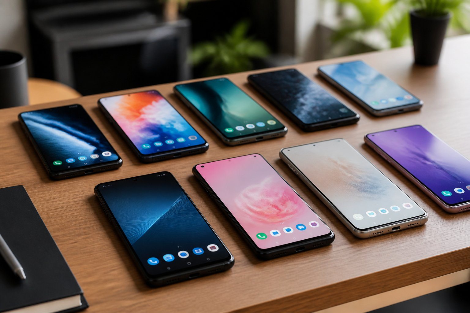 Vários celulares japoneses organizados sobre uma mesa de madeira em um ambiente moderno e iluminado.