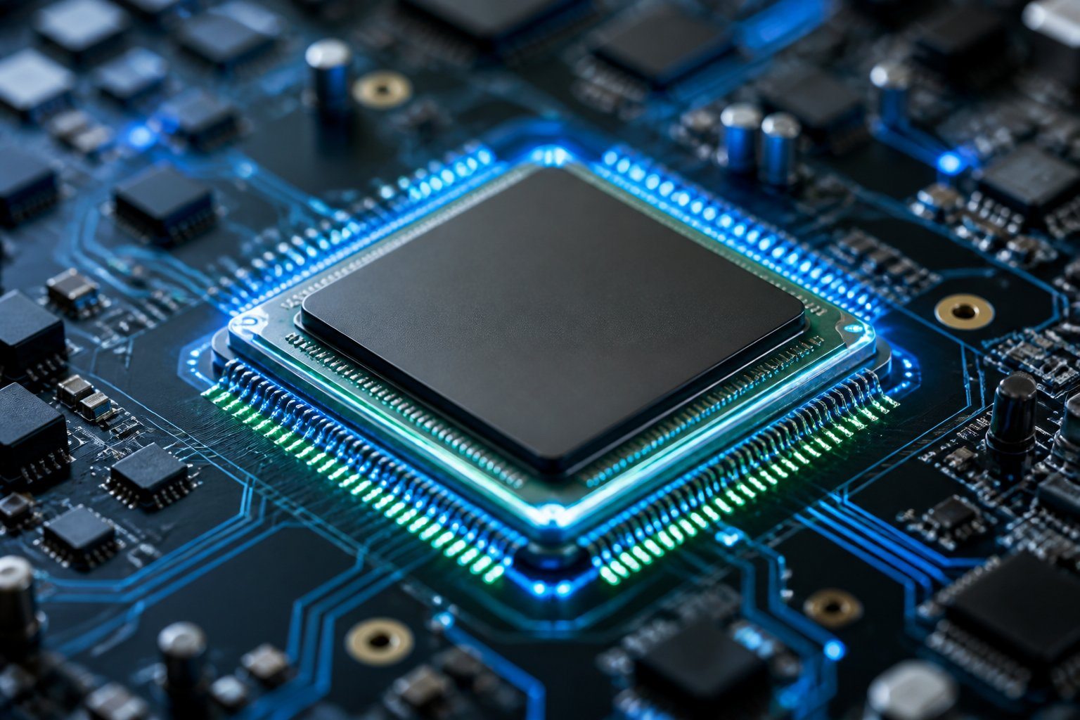 Close-up de um processador octa-core Snapdragon em uma placa-mãe com circuitos e luzes LED.