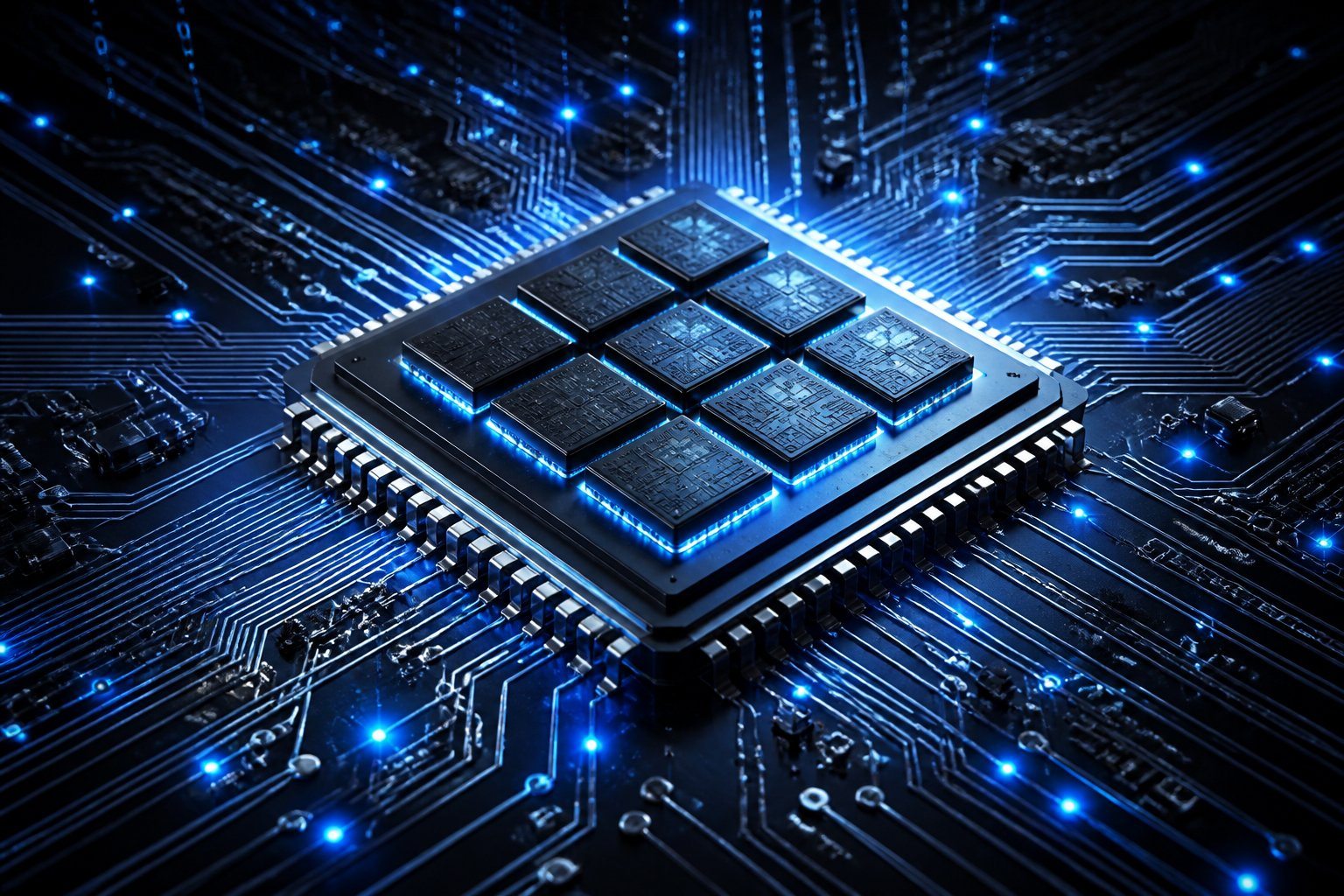 Close de um chip de computador moderno com circuitos iluminados, representando tecnologia avançada de processadores.