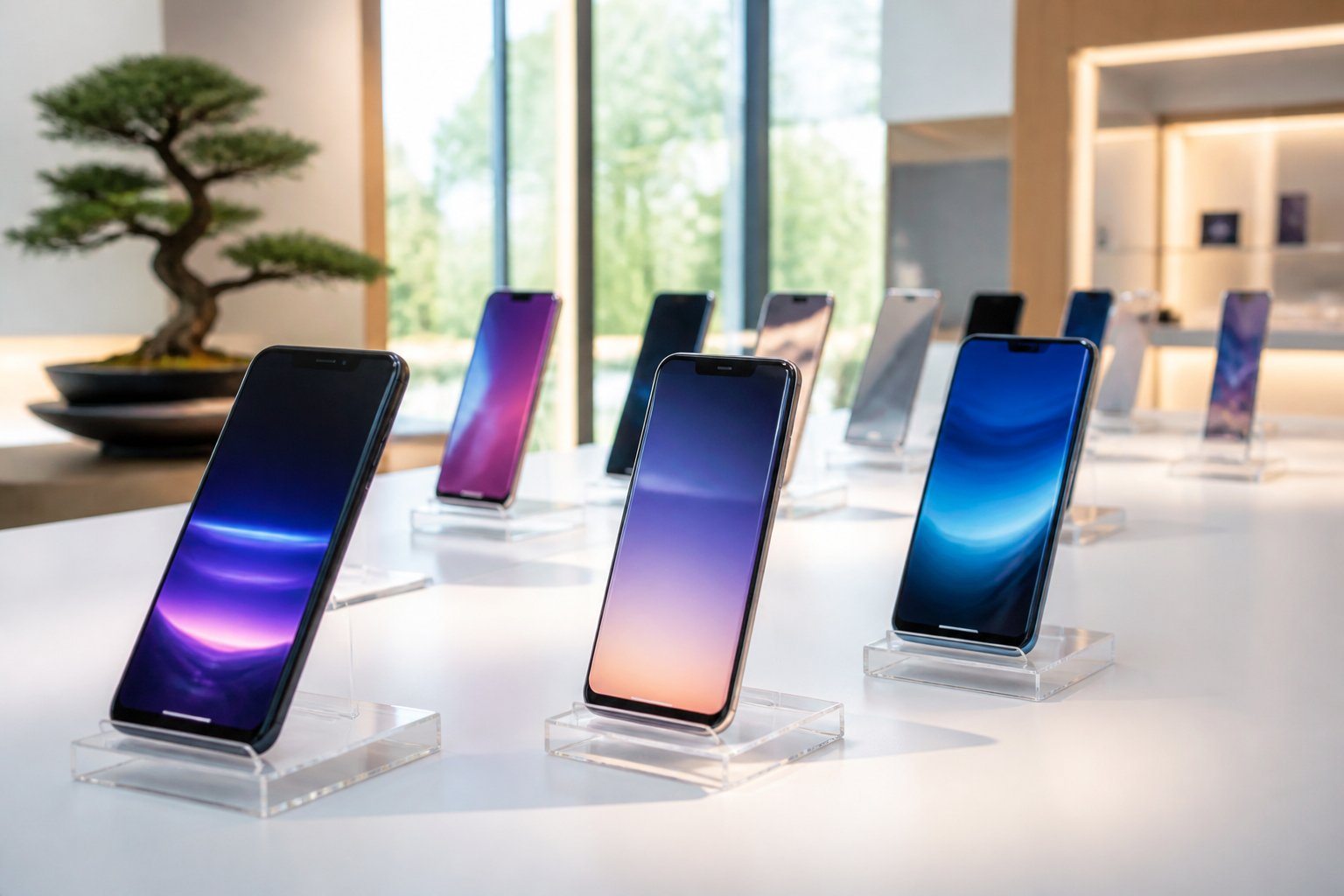 Vários celulares japoneses modernos exibidos em uma mesa branca em ambiente de showroom tecnológico com planta bonsai ao fundo.