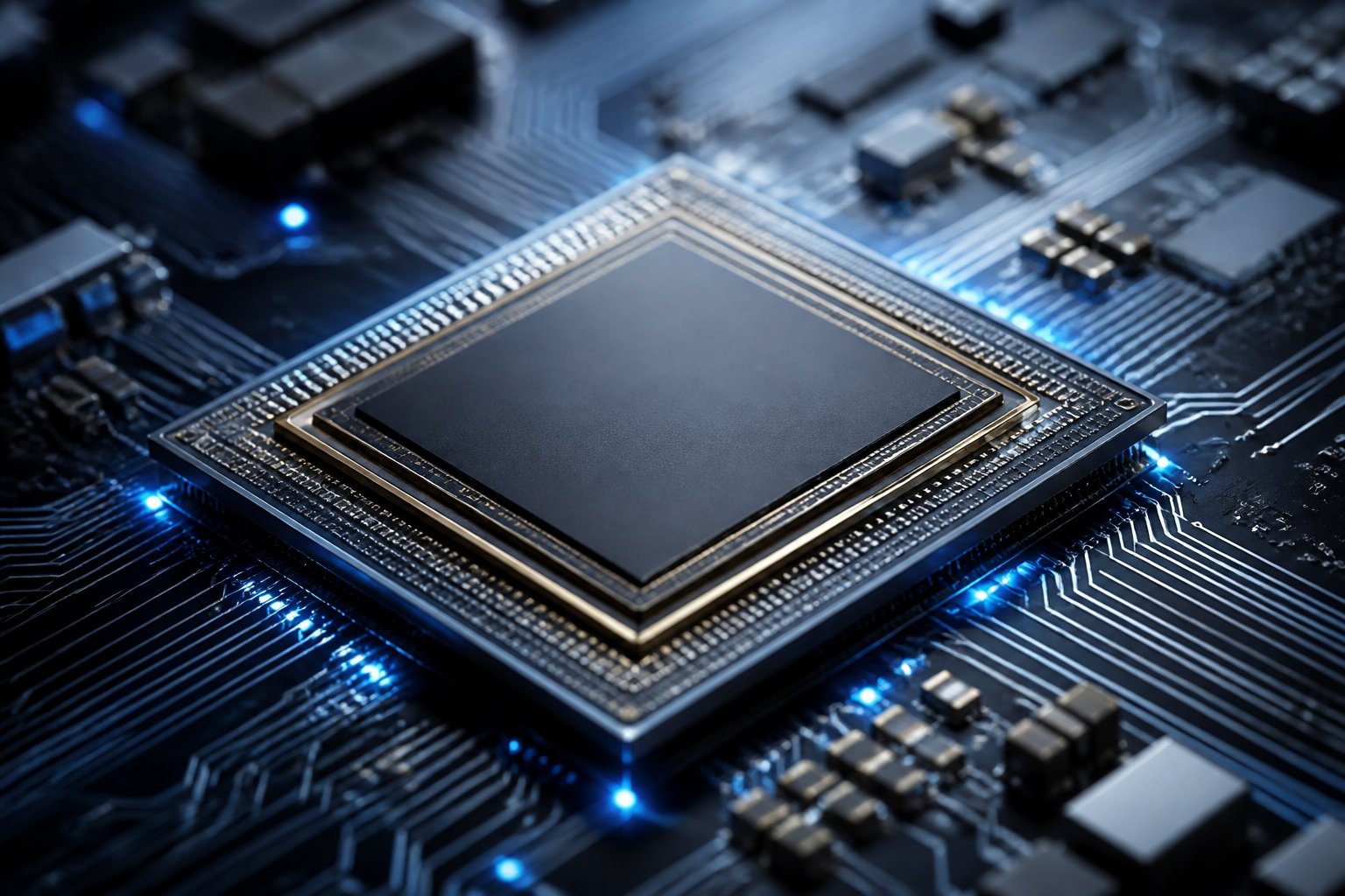 Close-up de um processador octa-core moderno com detalhes de circuitos e microchips em fundo tecnológico azul e prata.
