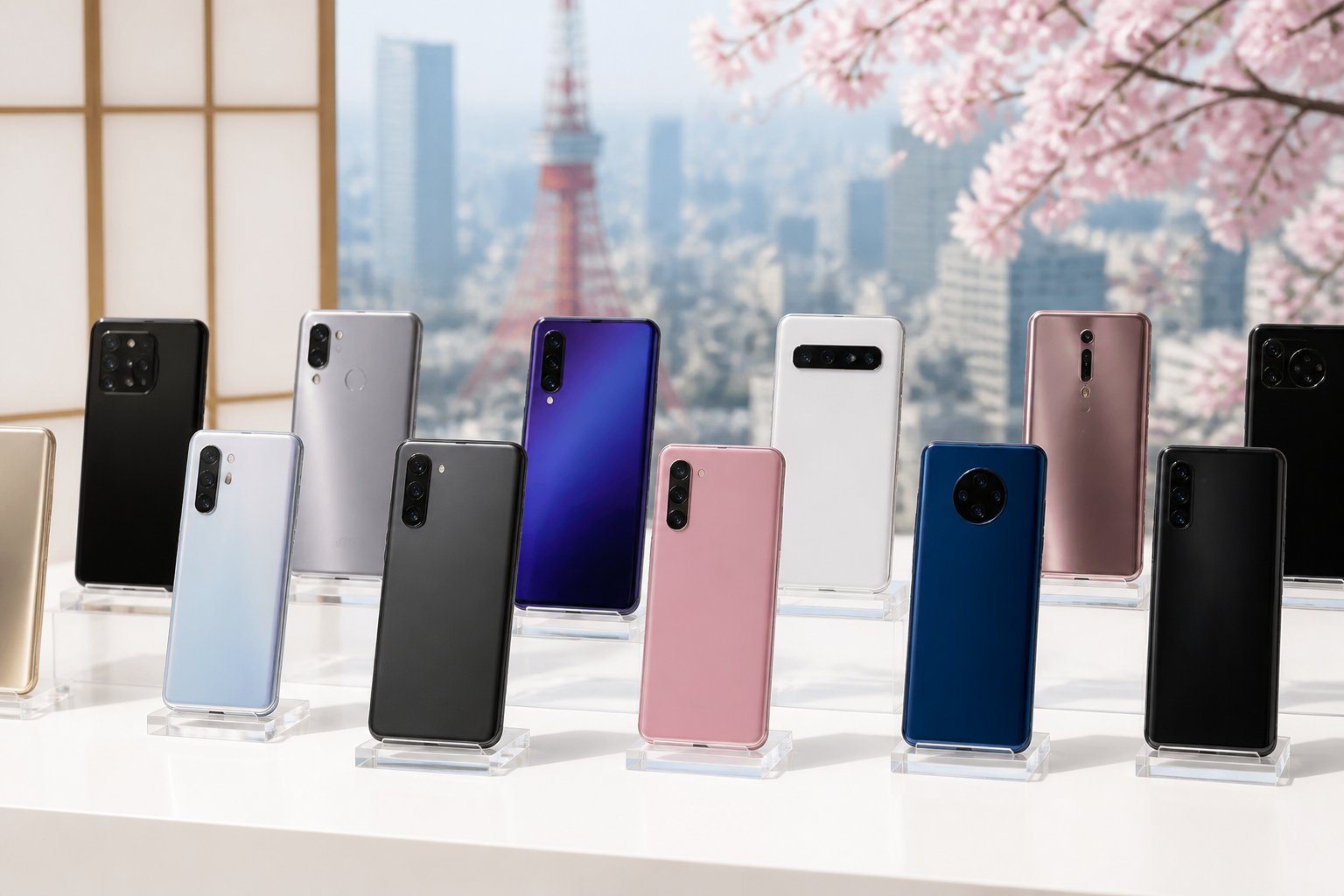 Vários celulares japoneses modernos exibidos sobre uma mesa branca, com um fundo que sugere elementos culturais do Japão.