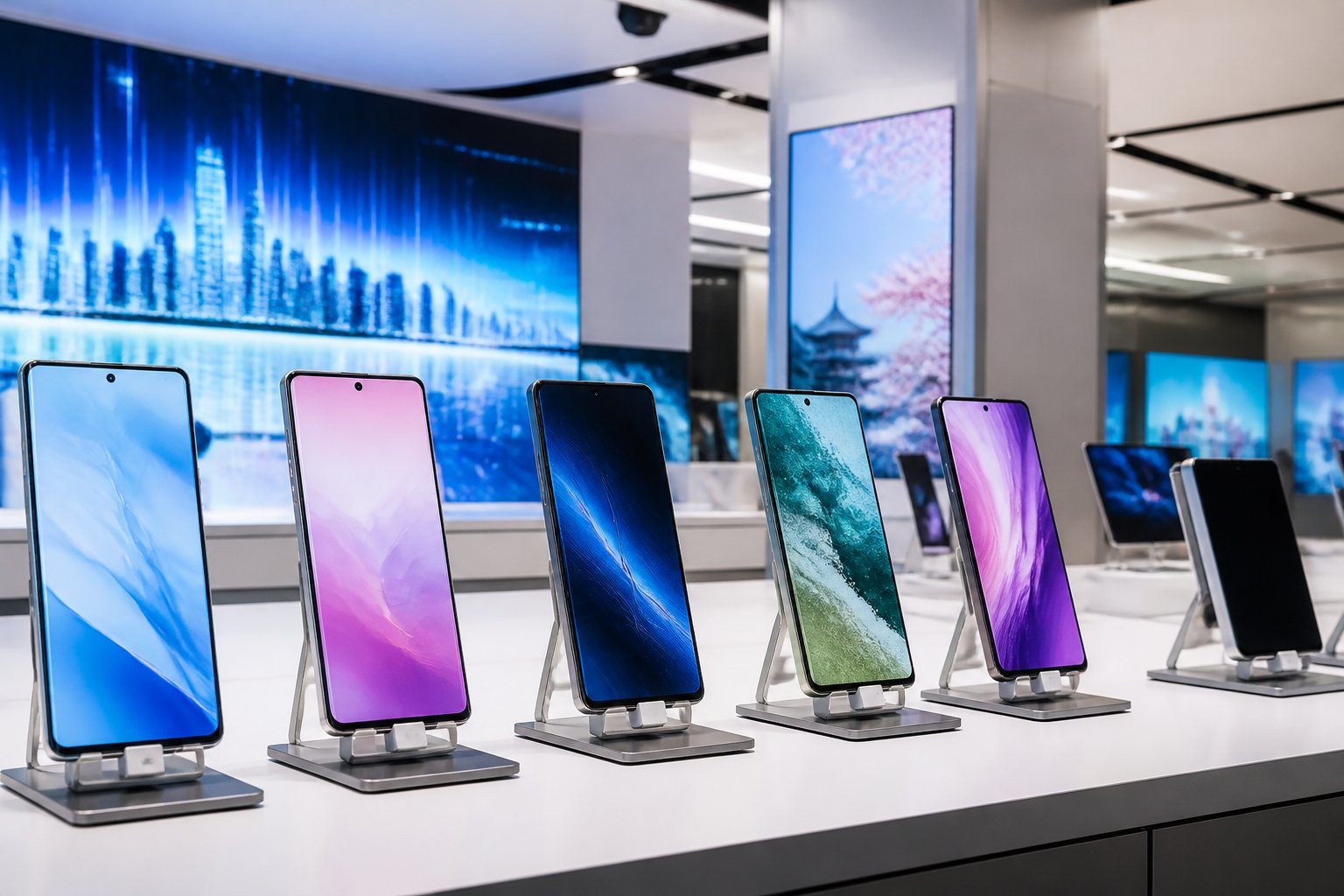 Loja moderna de eletrônicos exibindo vários modelos de celulares japoneses em um ambiente iluminado e organizado.