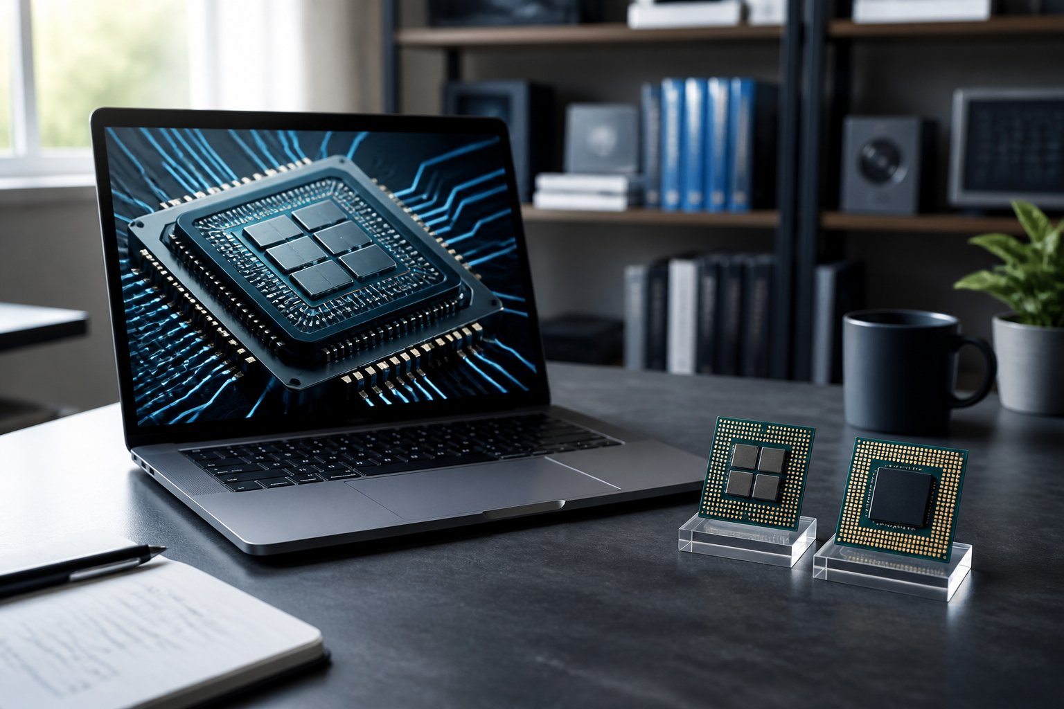 Mesa de trabalho moderna com laptop mostrando imagem de processador e dois modelos físicos de processadores ao lado.