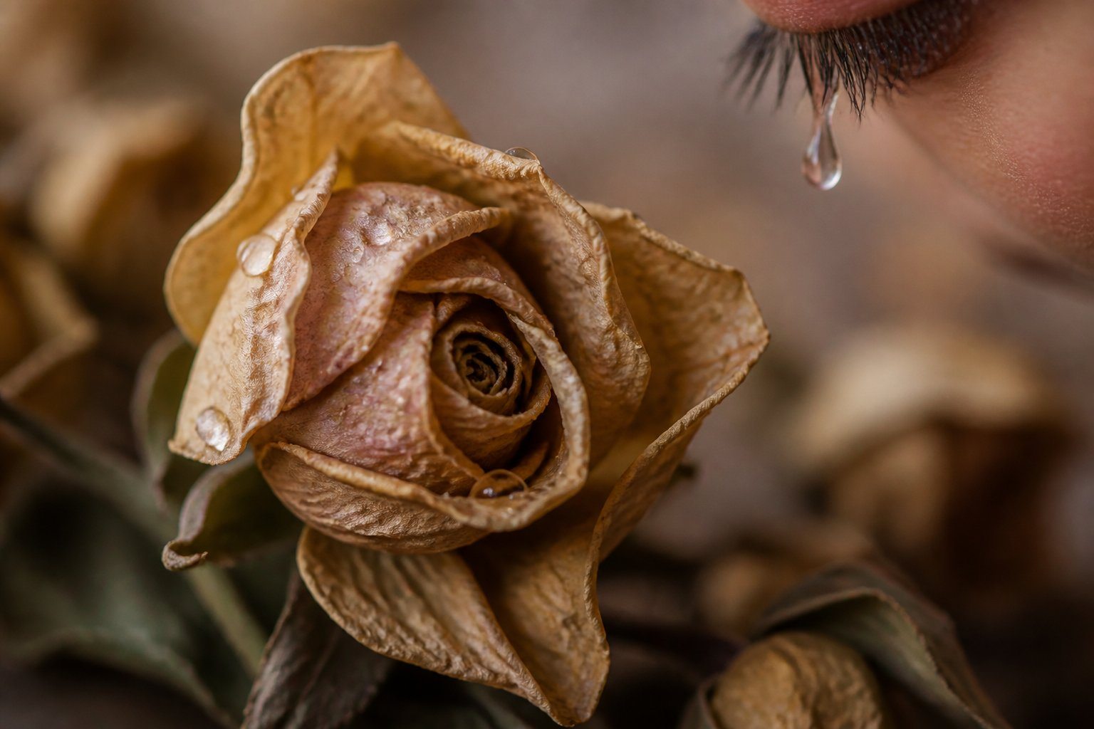 Lágrimas caindo sobre flores murchas com pétalas caídas e folhas secas.