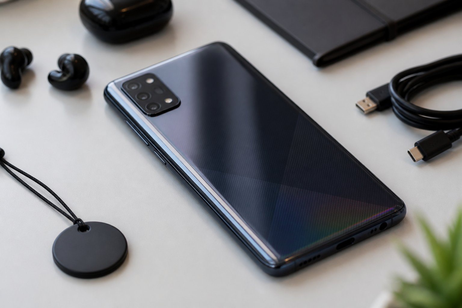 Um smartphone Samsung sobre uma mesa com acessórios tecnológicos ao redor, incluindo um pequeno adesivo NFC, em um ambiente bem iluminado.