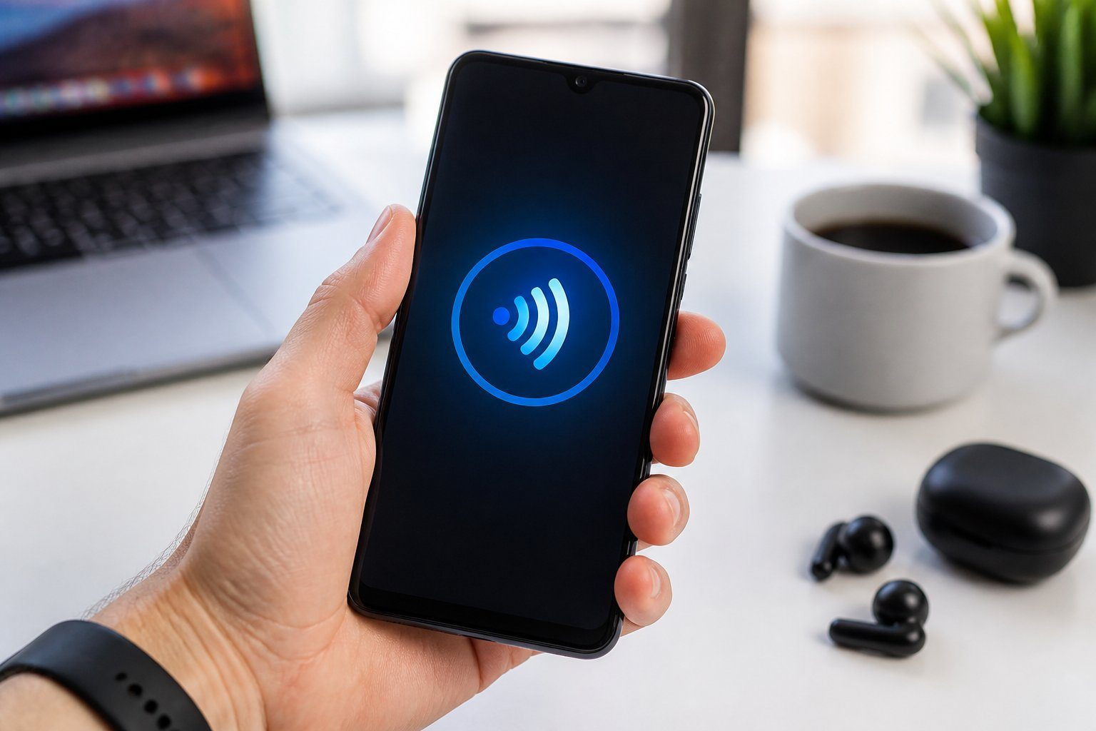 Pessoa segurando um smartphone Samsung Galaxy A31 com um símbolo de NFC brilhando na tela, em um ambiente de trabalho tecnológico.