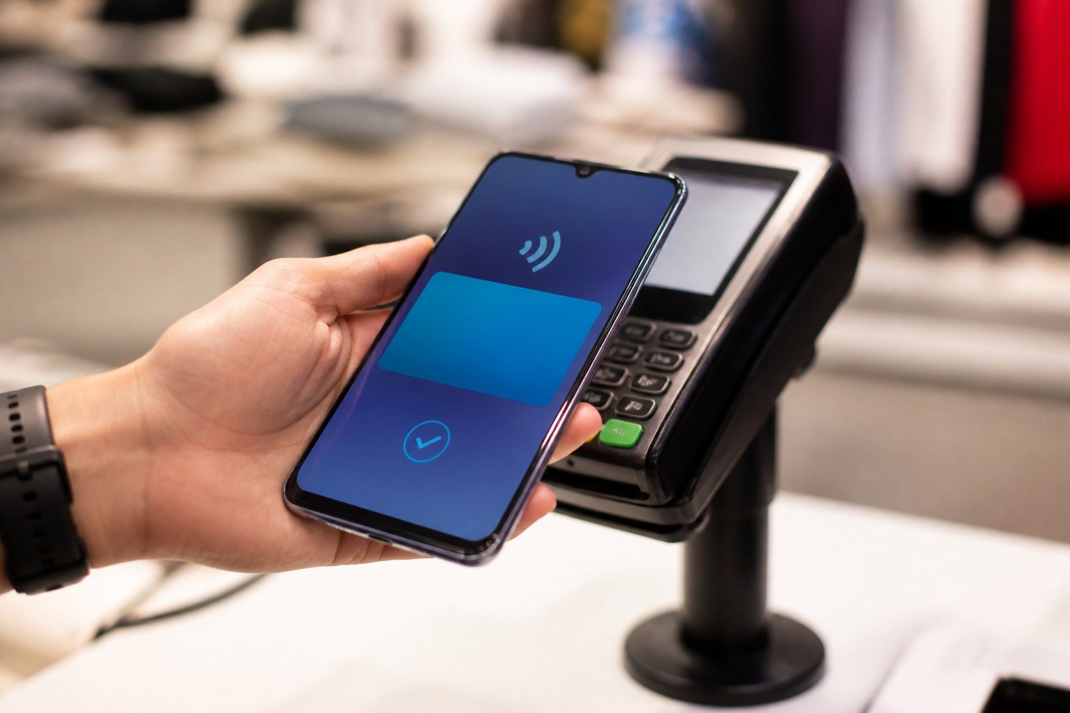 Pessoa segurando um Samsung Galaxy A31 próximo a uma maquininha de pagamento por aproximação em uma loja.