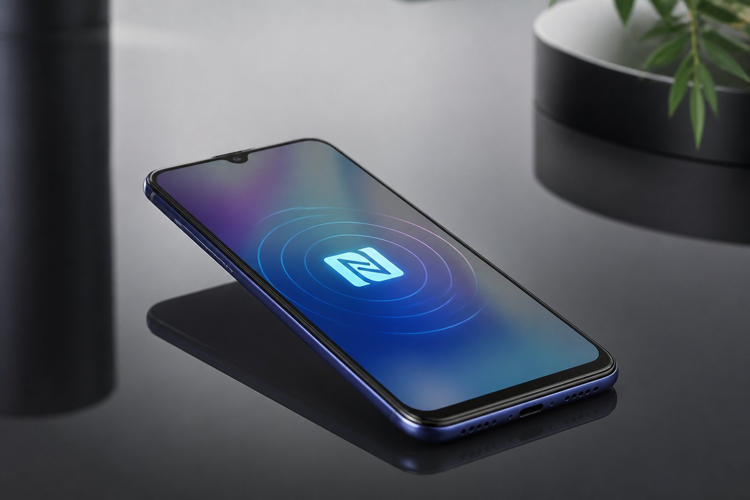 Smartphone Samsung Galaxy A31 sobre uma superfície refletiva com ícones digitais abstratos representando conectividade NFC.