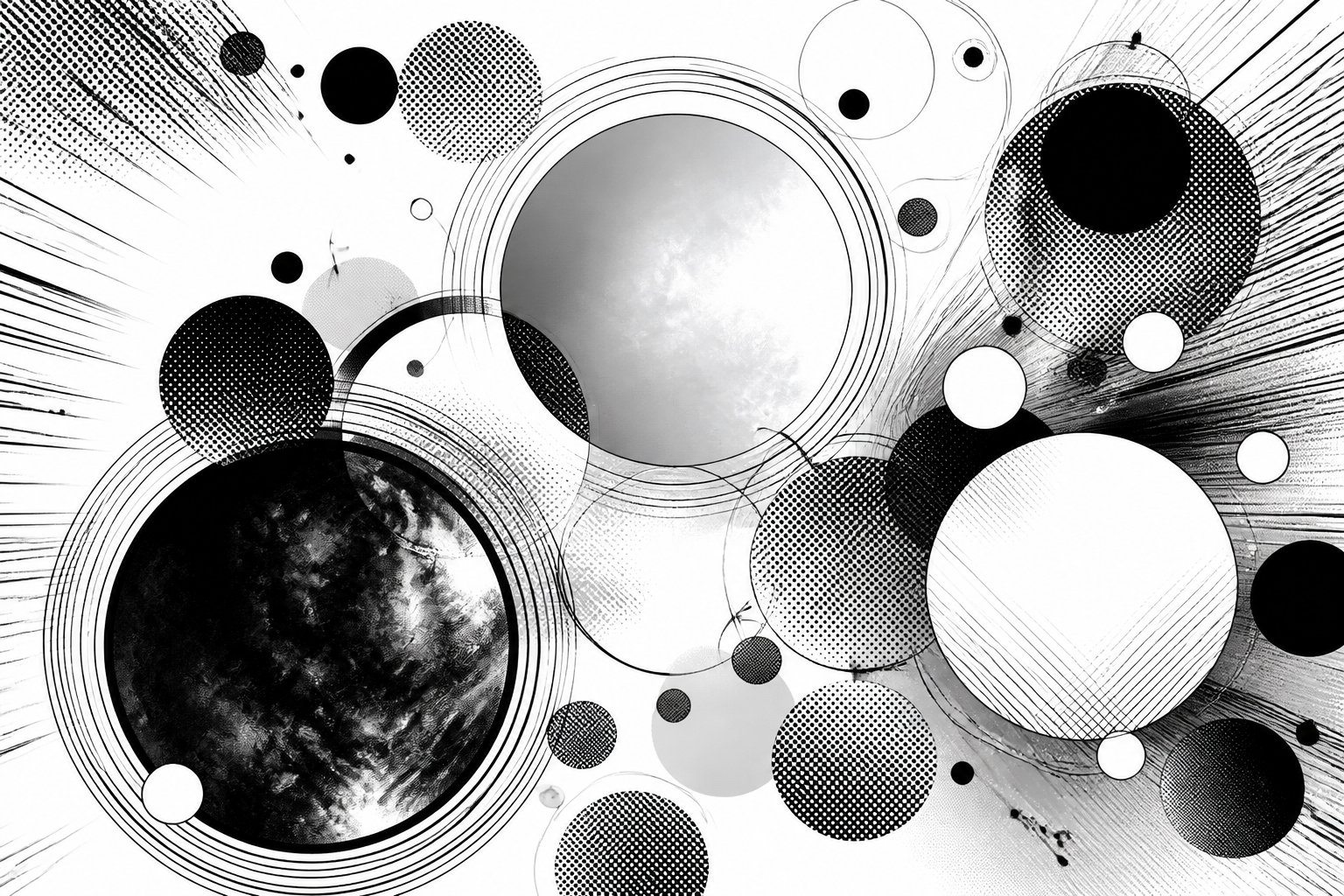 Composição abstrata de vários círculos em diferentes tamanhos, dispostos de forma dinâmica com detalhes em preto, branco e cinza.