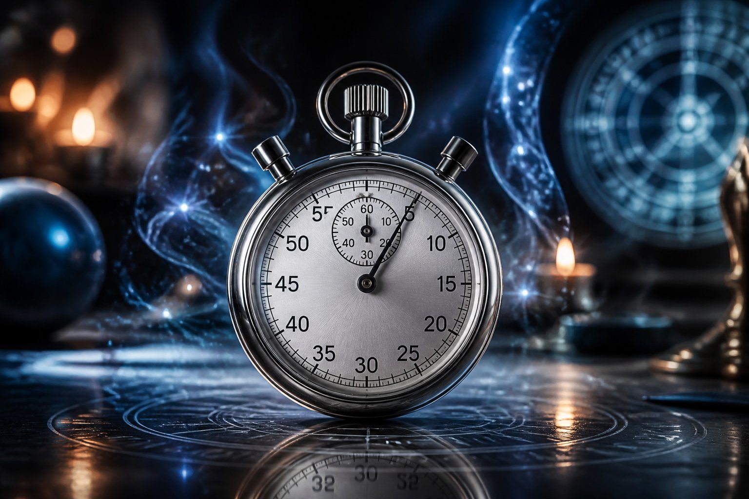 Um cronômetro moderno sobre uma superfície refletiva com luzes suaves e efeitos brilhantes ao fundo, transmitindo uma sensação de precisão e elementos fantásticos.