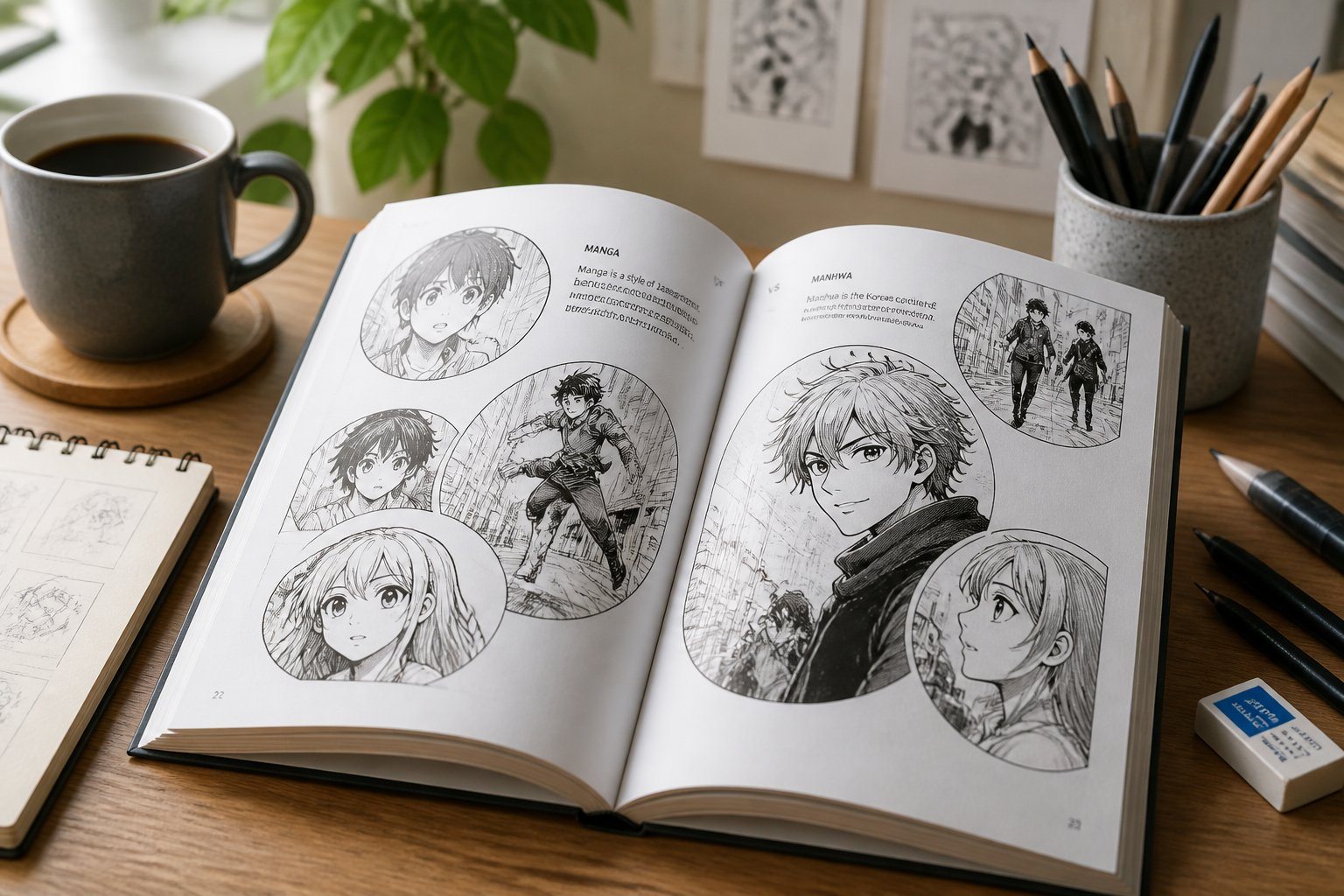 Livro aberto mostrando páginas ilustradas em preto e branco com desenhos de personagens em quadrinhos circulares, sobre uma mesa com café e materiais de desenho.
