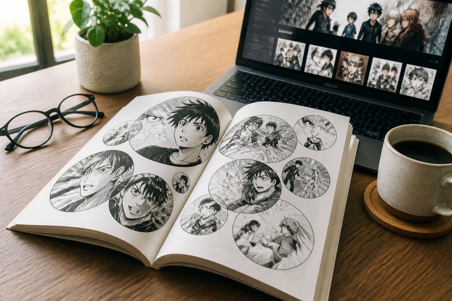 Livro aberto mostrando páginas de mangá com painéis circulares sobre uma mesa com óculos, café e laptop ao fundo.