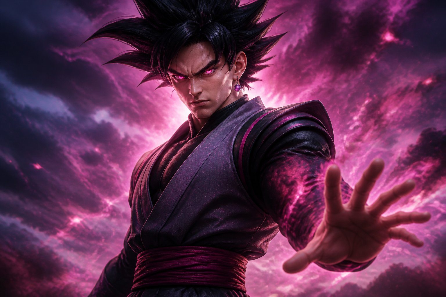 Um homem musculoso com cabelo preto e olhos brilhantes em uma pose de batalha, com um céu nublado e efeitos de energia ao fundo.